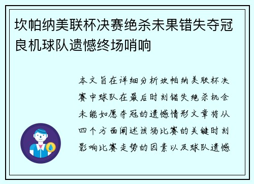 坎帕纳美联杯决赛绝杀未果错失夺冠良机球队遗憾终场哨响